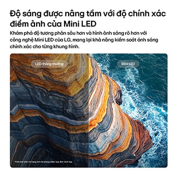 LG QNED evo AI QNED82 Mini LED highlights how its Mini LED reveals sharper rock textures and clearer ocean detail than conventional LED in a split coastal cliff scene, delivering deeper blacks and more refined contrast for greater clarity and depth.